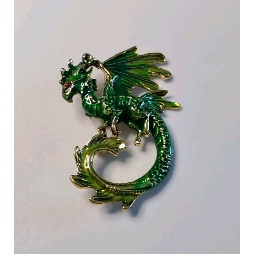 Green Enamel Dragon Brooch 2.5 X 1.85